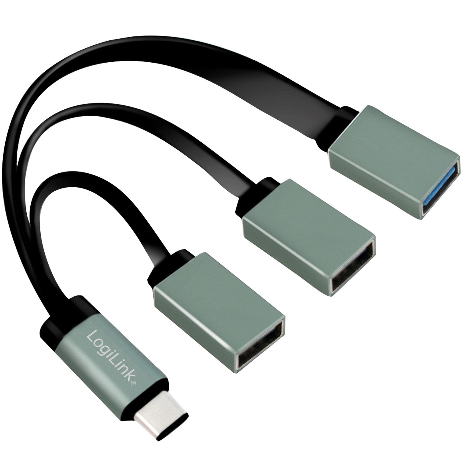 LogiLink USB-C hub med 3 porte, flade sorte kabler og metallisk grønt stik, udvider én USB-C til tre USB-porte.
