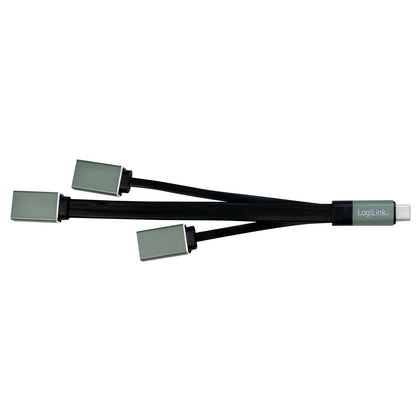 LogiLink USB-C Hub 3-ports, tre fleksible USB-A porte fra central USB-C stik, sort, kompakt design.
