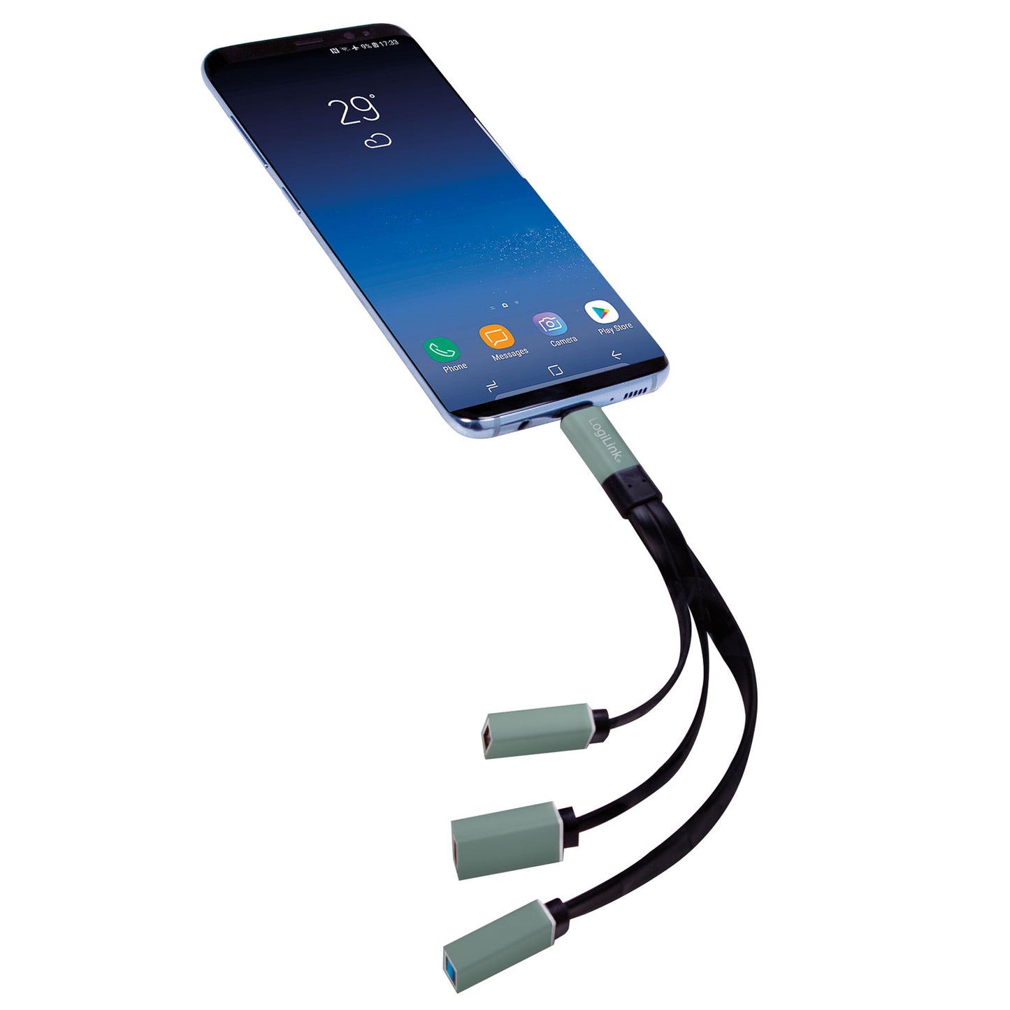 Logilink USB-C Hub 3-ports, sort kabel, tre grønne stik til ekstra USB-porte, smartphone tilsluttet.