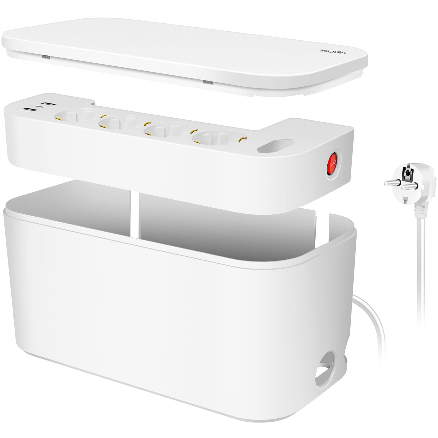 Logilink kabelboks hvid med 5-vejs stikdåse, 3 USB-porte, rød tænd/sluk-knap og ledning på siden uden låg.