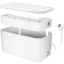 Logilink kabelboks hvid med 5-vejs stikdåse, 3 USB-porte, rød tænd/sluk-knap og ledning på siden uden låg.