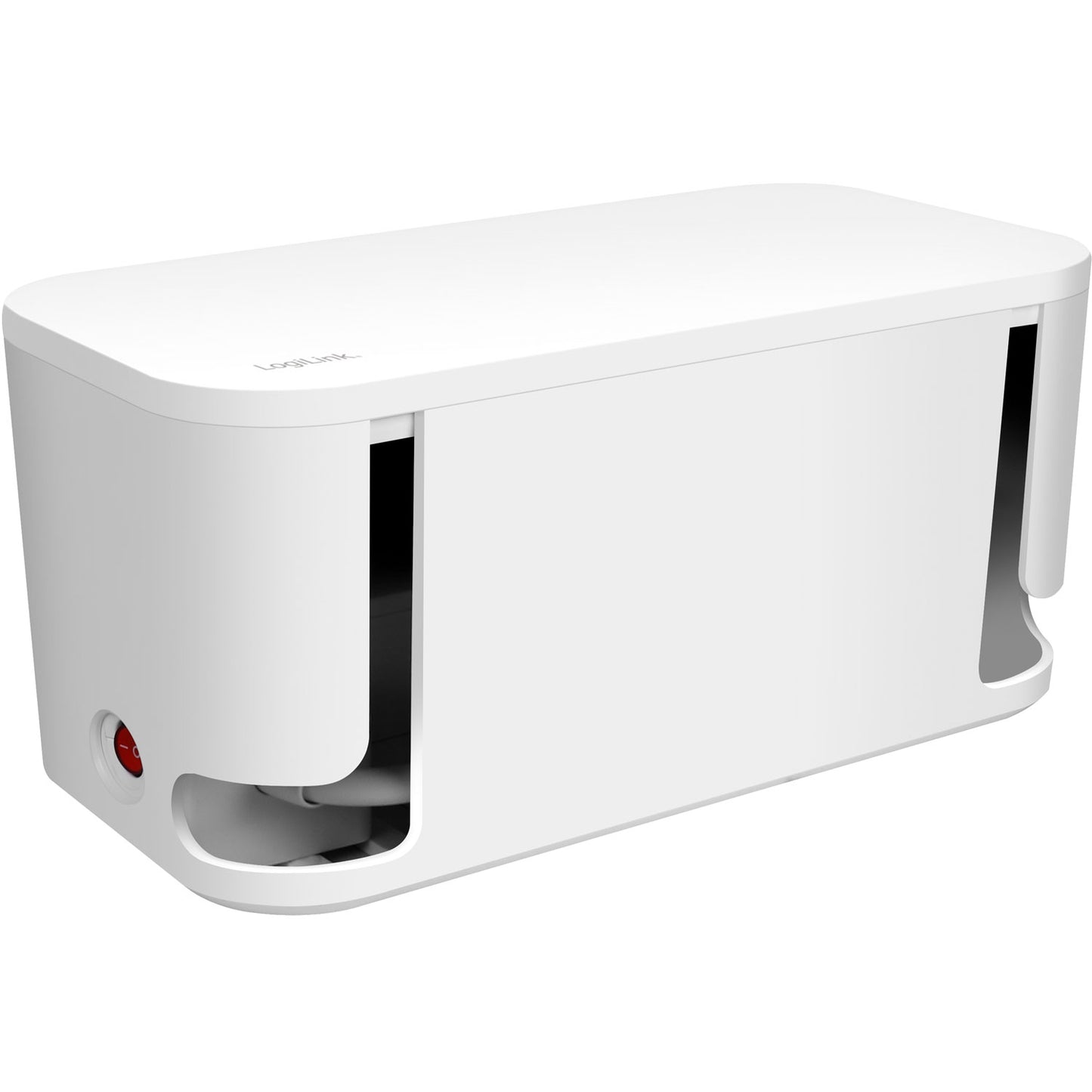 Logilink kabelboks hvid med afrundede kanter, sideåbninger, indbygget 5-vejs stikdåse og 3 USB-porte.