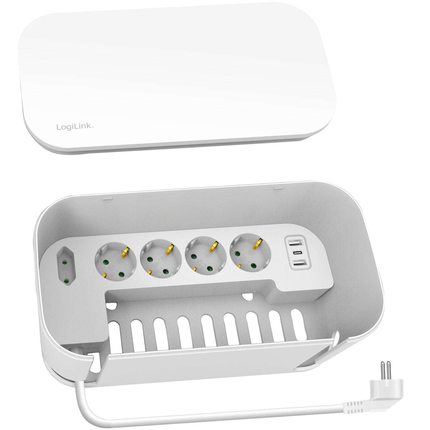 LogiLink kabelboks hvid med 5-vejs stikdåse og 3 USB-porte til organisering og skjul af ledninger.