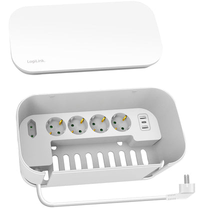 LogiLink kabelboks hvid med 5-vejs stikdåse og 3 USB-porte til organisering og skjul af ledninger.