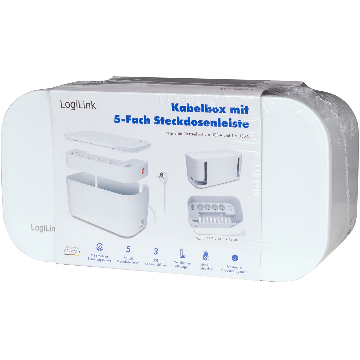 LogiLink kabelboks hvid med 5-vejs stikdåse og 3 USB-porte i emballage med tyske produktdetaljer.