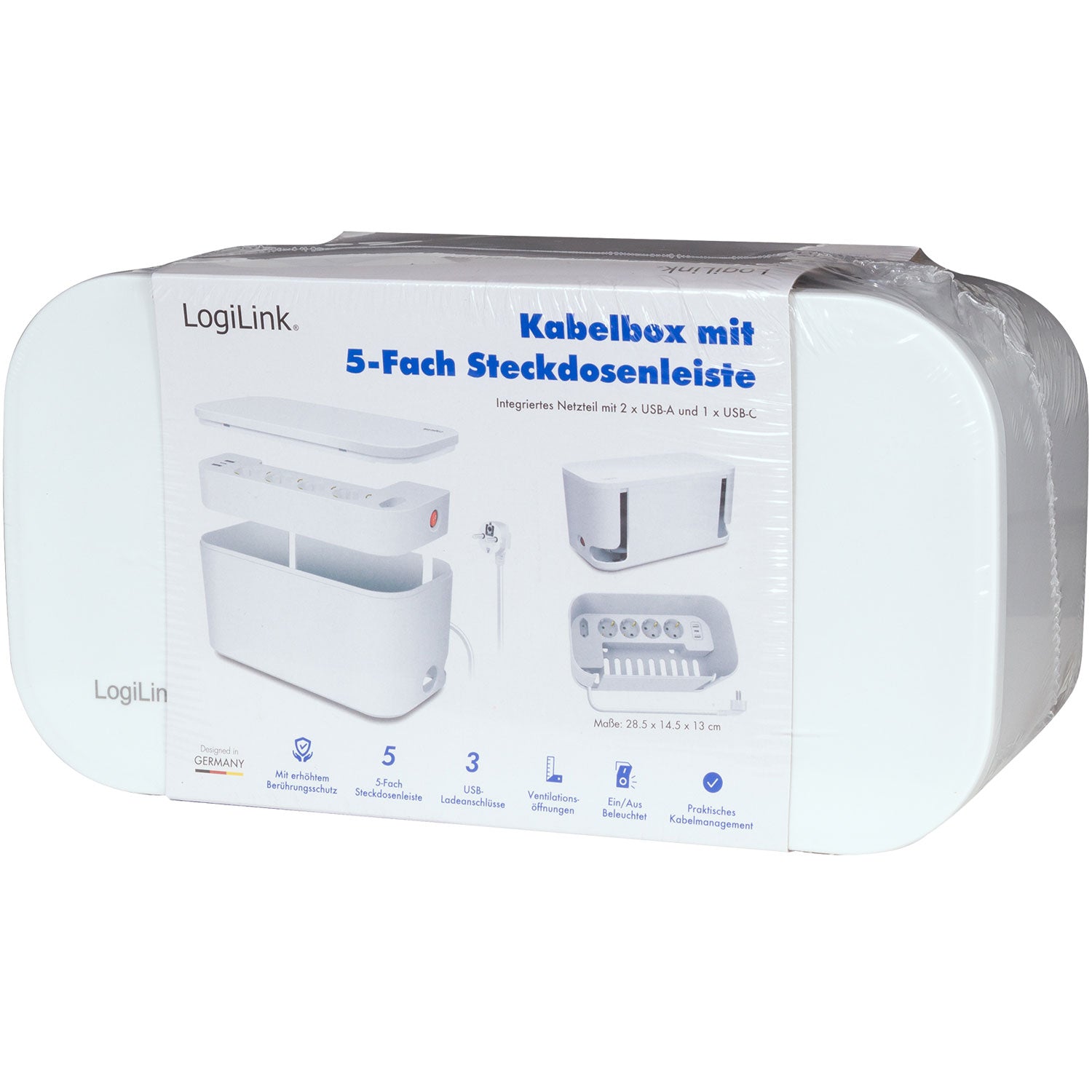 LogiLink kabelboks hvid med 5-vejs stikdåse og 3 USB-porte i emballage med tyske produktdetaljer.
