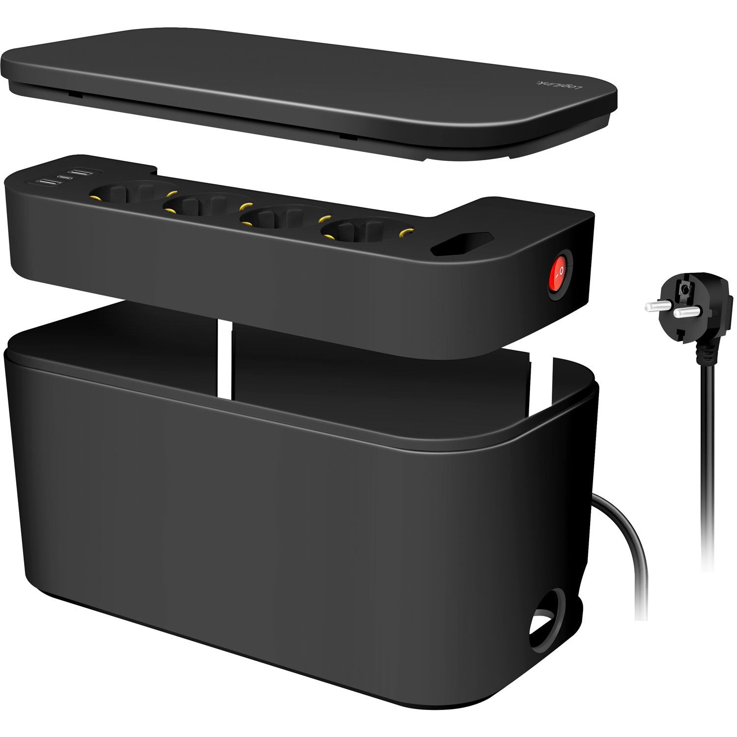 Logilink kabelboks sort med 5-vejs stikdåse, 3 USB-porte, aftageligt låg, synlig ledning og sidekontakt.