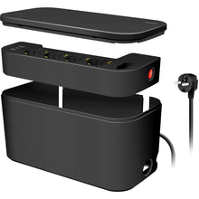 Logilink kabelboks sort med 5-vejs stikdåse, 3 USB-porte, aftageligt låg, synlig ledning og sidekontakt.