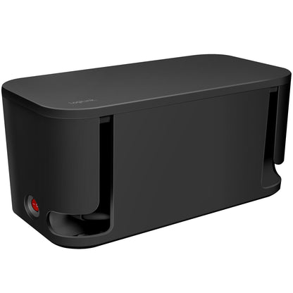 Logilink kabelboks sort med integreret 5-vejs stikdåse, 3x USB, rektangulær, afrundede kanter, sideåbninger, rød detalje.