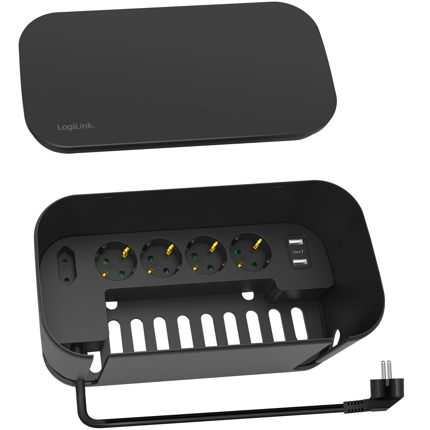 LogiLink kabelboks sort med 5-vejs stikdåse, 3 USB-porte, aftageligt låg, kabeludtag og ledning.