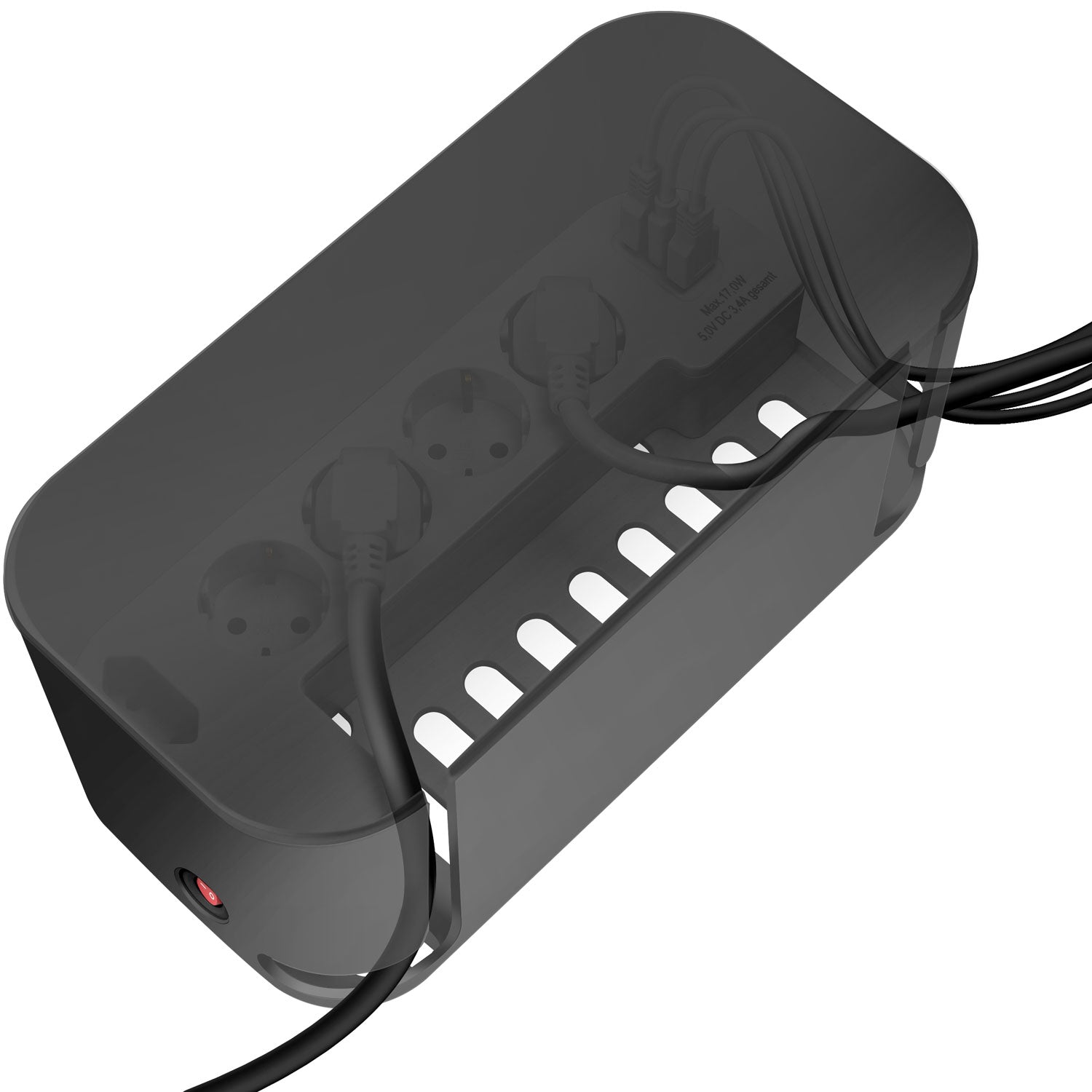 Sort kabelboks med indbygget 5-vejs stikdåse, 3x USB og transparent låg til organisering af stik og ledninger.