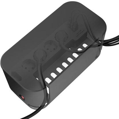 Sort kabelboks med indbygget 5-vejs stikdåse, 3x USB og transparent låg til organisering af stik og ledninger.