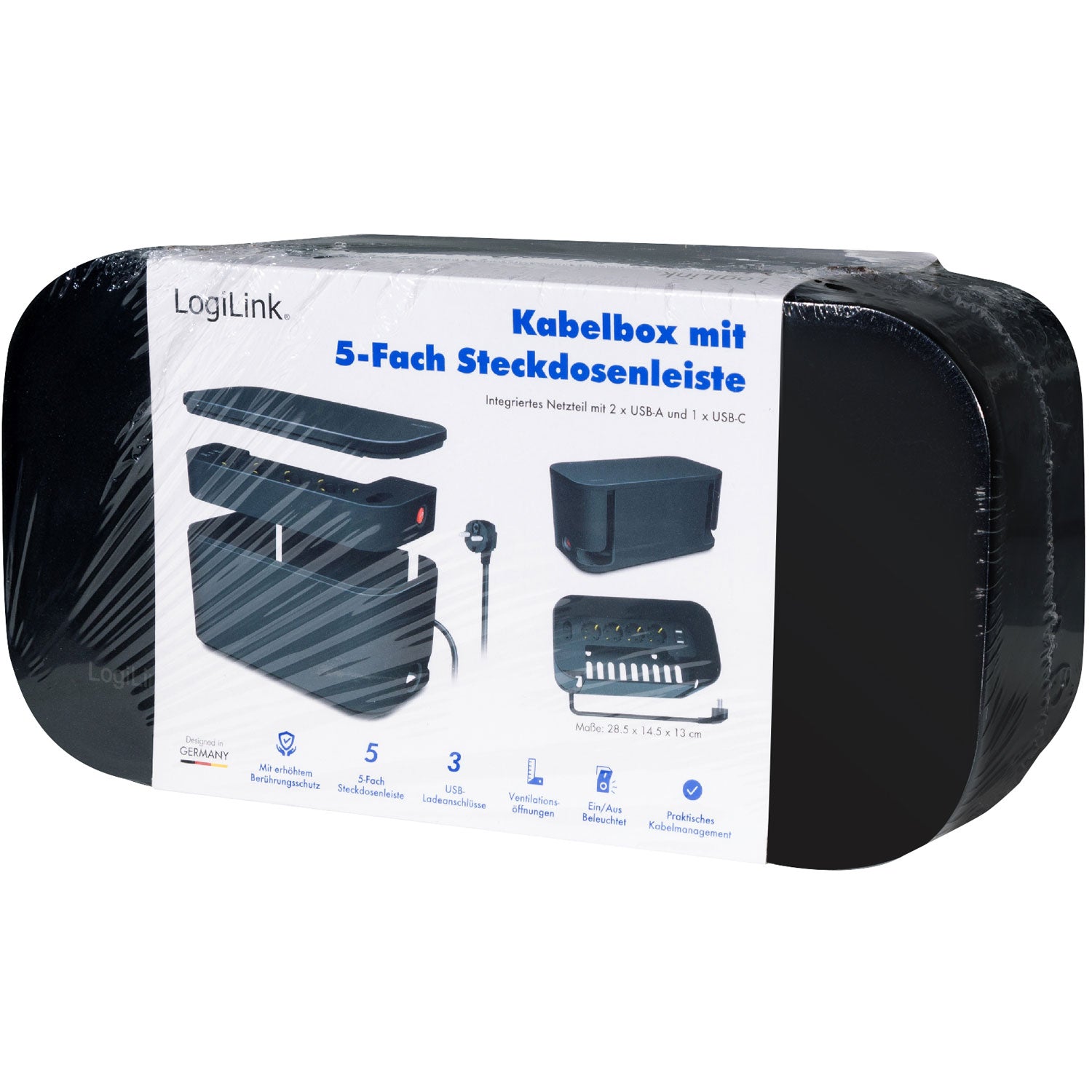 Logilink kabelboks sort med 5-vejs stikdåse, 2 USB-A og 1 USB-C porte, leveres i emballage.