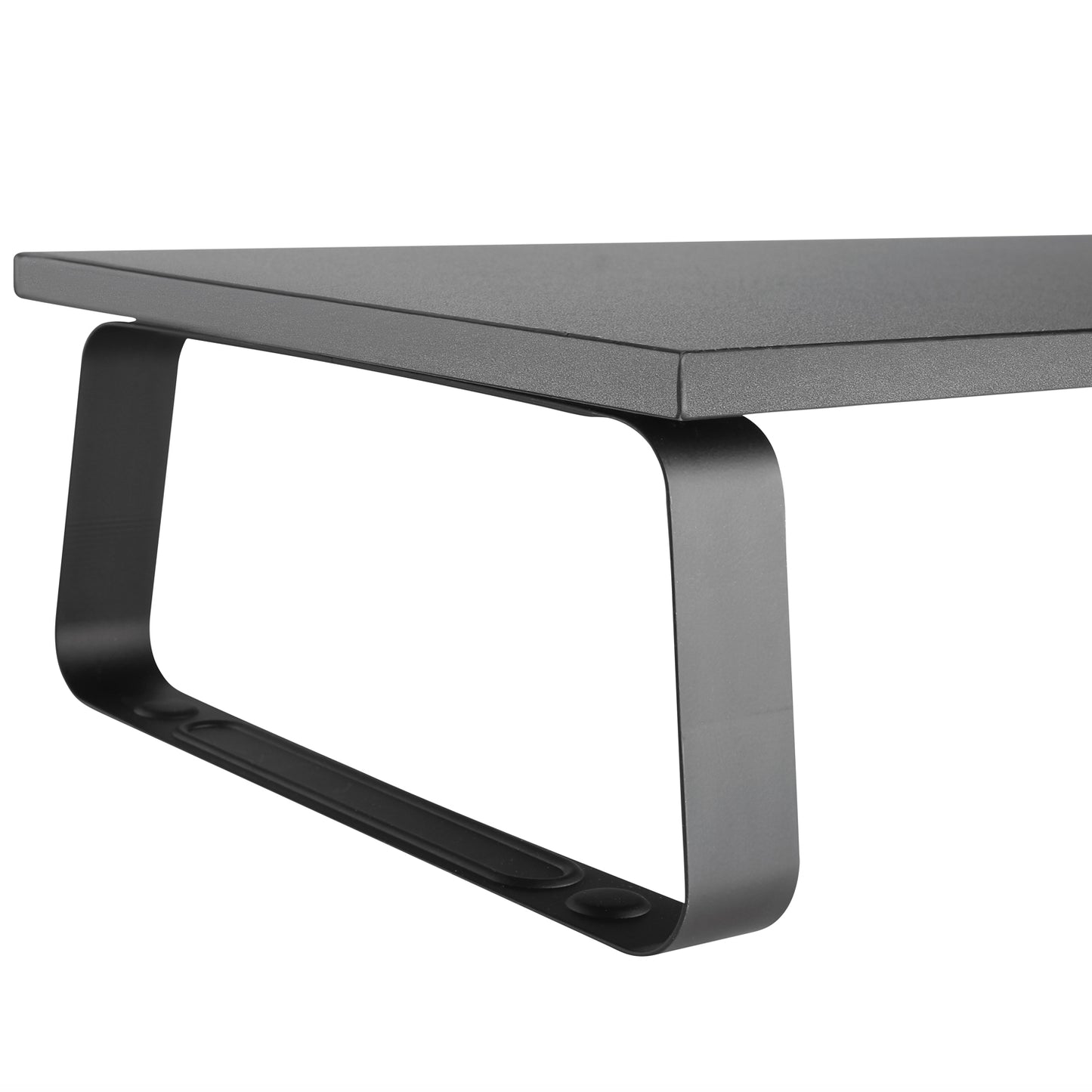 Skrivebord med mørkegrå bordplade og sorte metalben i loop-design, plads til skærmforhøjer 600 mm.