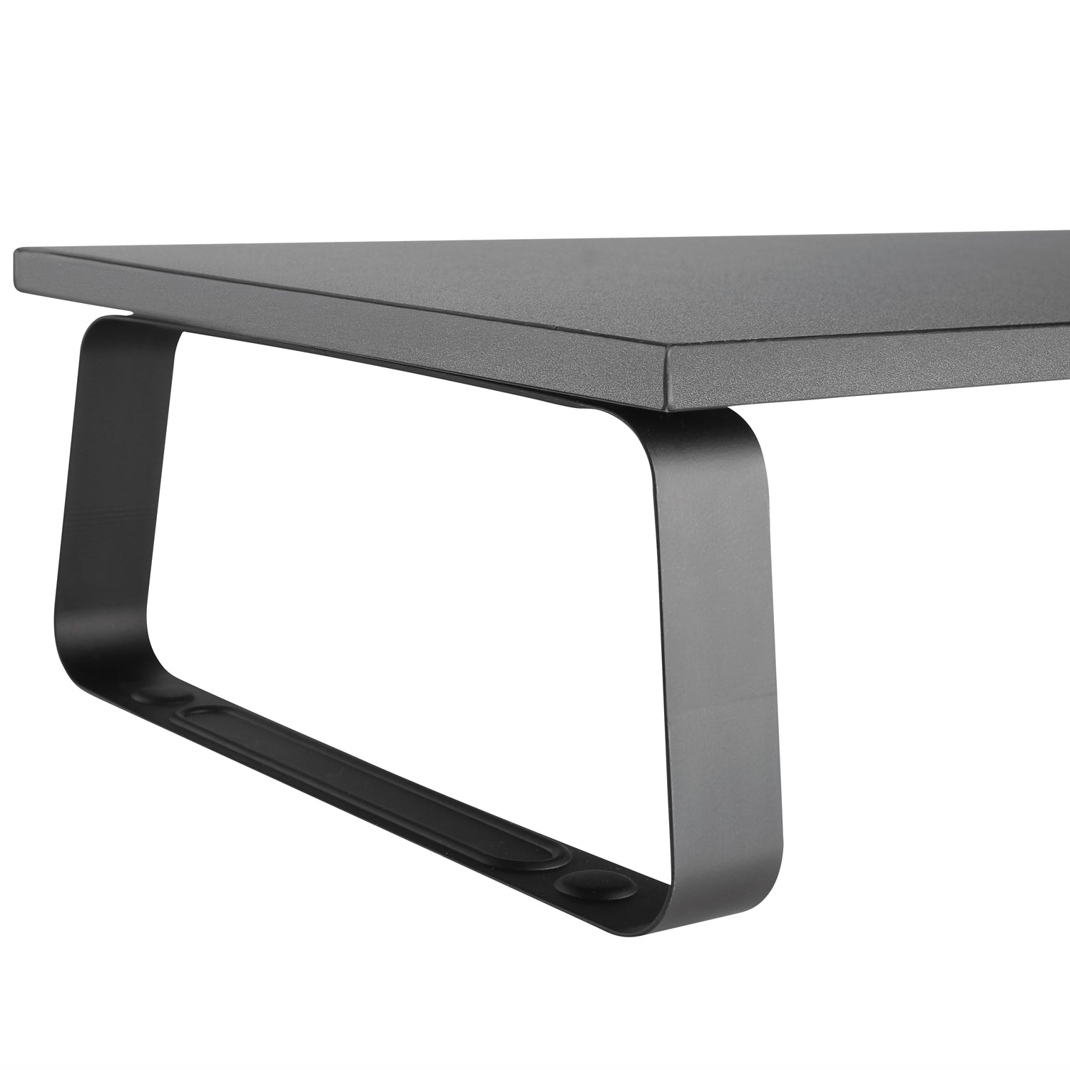 Skrivebord med mørkegrå bordplade og sorte metalben i loop-design, plads til skærmforhøjer 600 mm.