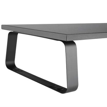 Skrivebord med mørkegrå bordplade og sorte metalben i loop-design, plads til skærmforhøjer 600 mm.