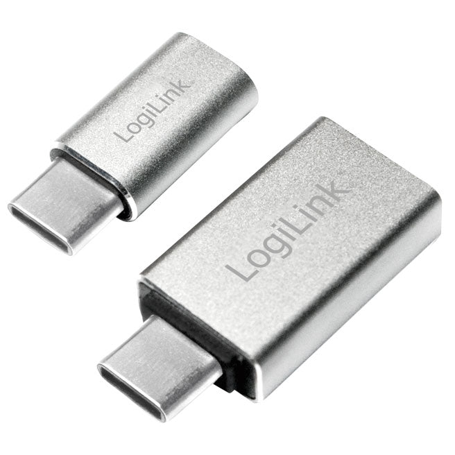 LogiLink USB-C til USB 3.0 og Micro USB adapter 2-pak, sølv, metallic finish, indgraveret LogiLink logo.
