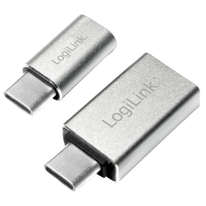 LogiLink USB-C til USB 3.0 og Micro USB adapter 2-pak, sølv, metallic finish, indgraveret LogiLink logo.