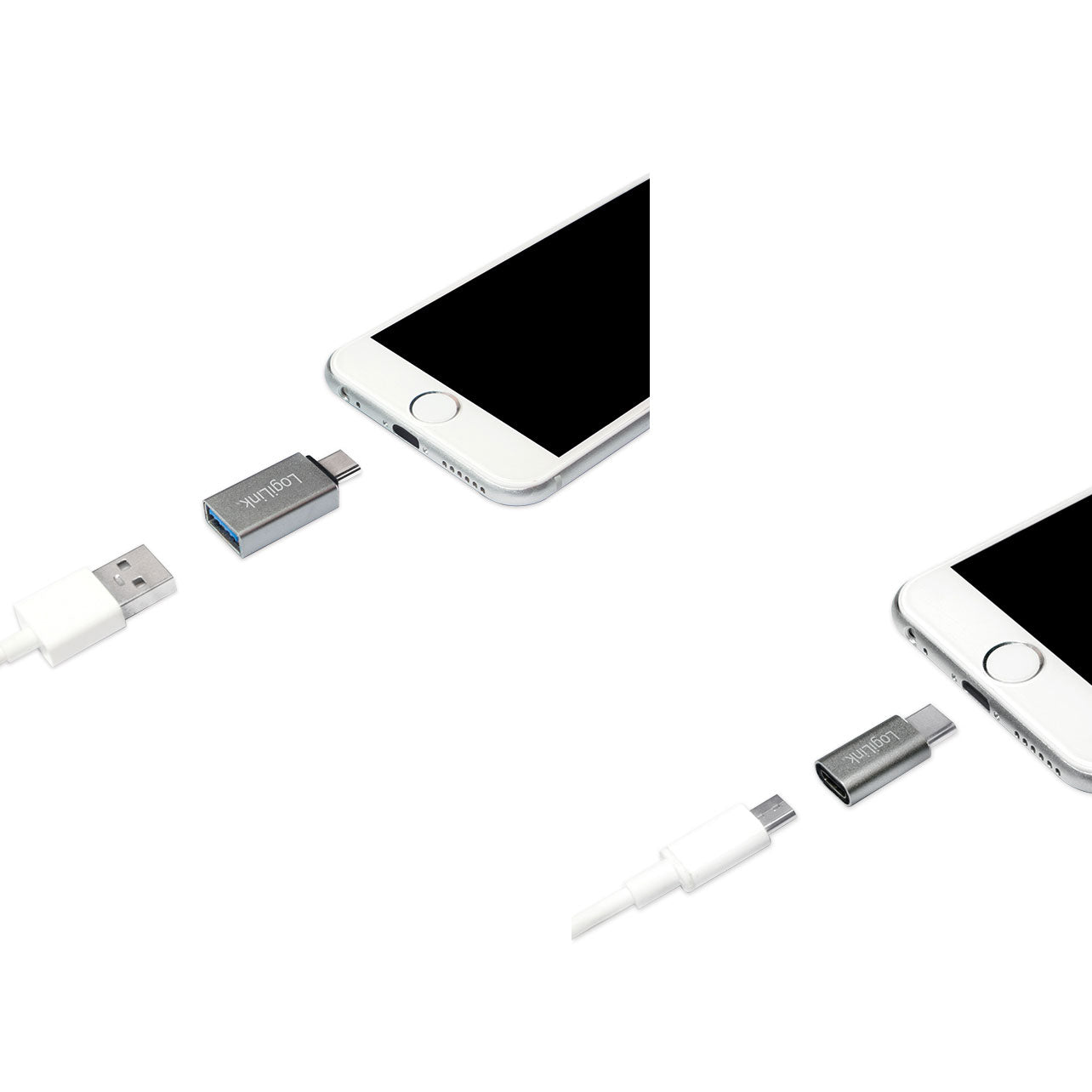 LogiLink USB-C til USB 3.0 og micro USB adapter 2-pak, begge stik ved smartphone opladningsport.