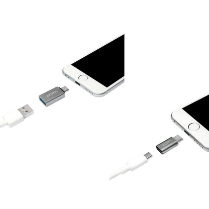 LogiLink USB-C til USB 3.0 og micro USB adapter 2-pak, begge stik ved smartphone opladningsport.