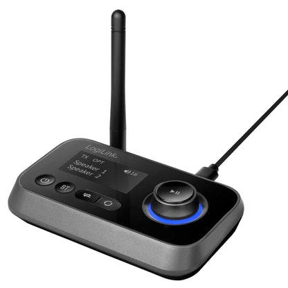 Bluetooth 5.0 lydsender/modtager TX/RX med antenne, display, oplyst volumenknap, Bluetooth/play knapper og kabel til højre.