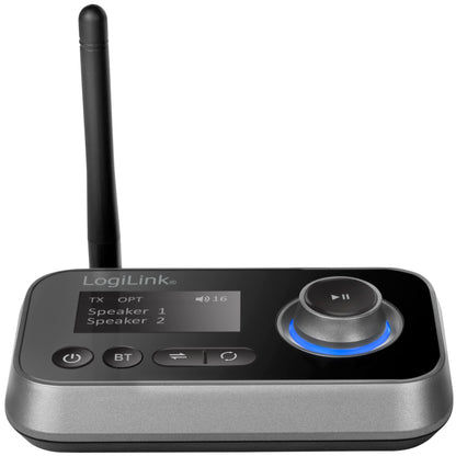 LogiLink Bluetooth 5.0 lydsender/modtager TX/RX med antenne, digitalt display, stor drejeknap, knapper til power og Bluetooth.