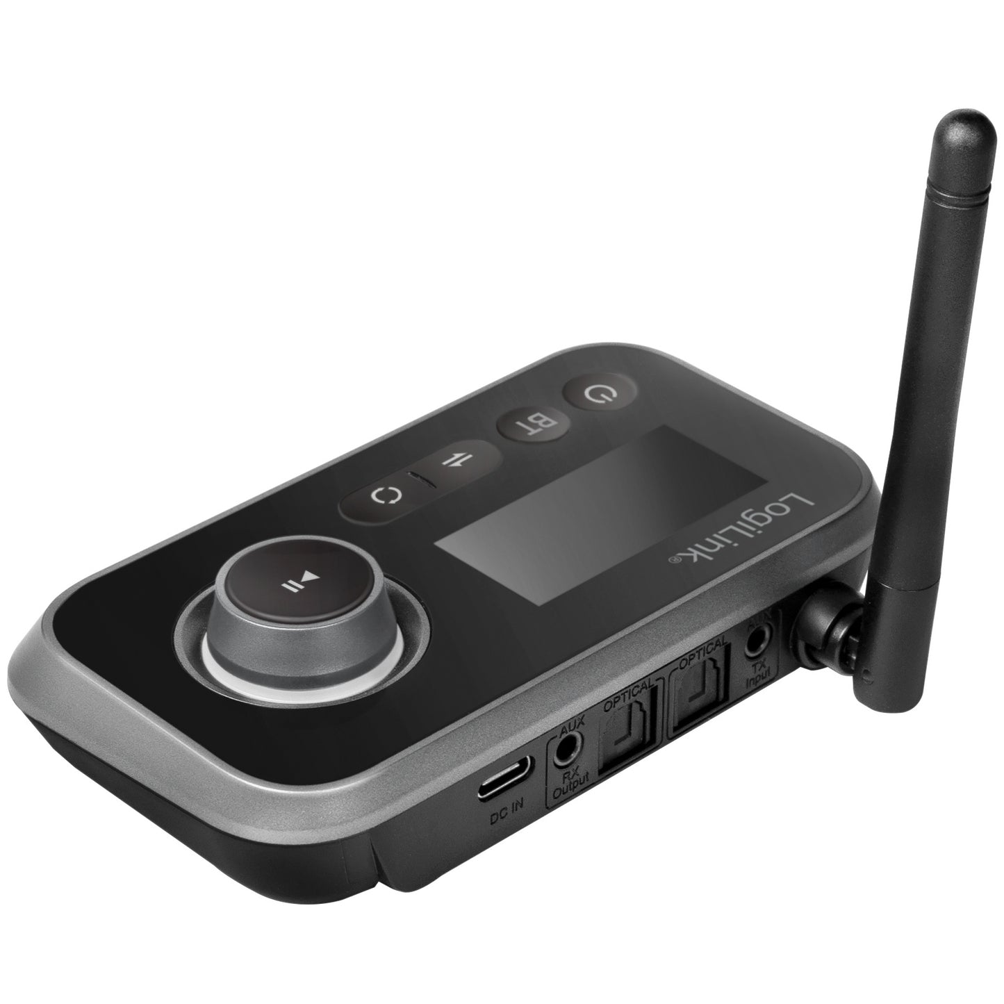 Logilink Bluetooth 5.0 lydsender/modtager TX/RX sort/grå med kontrolknap, knapper, lille display, port og sideantenne.