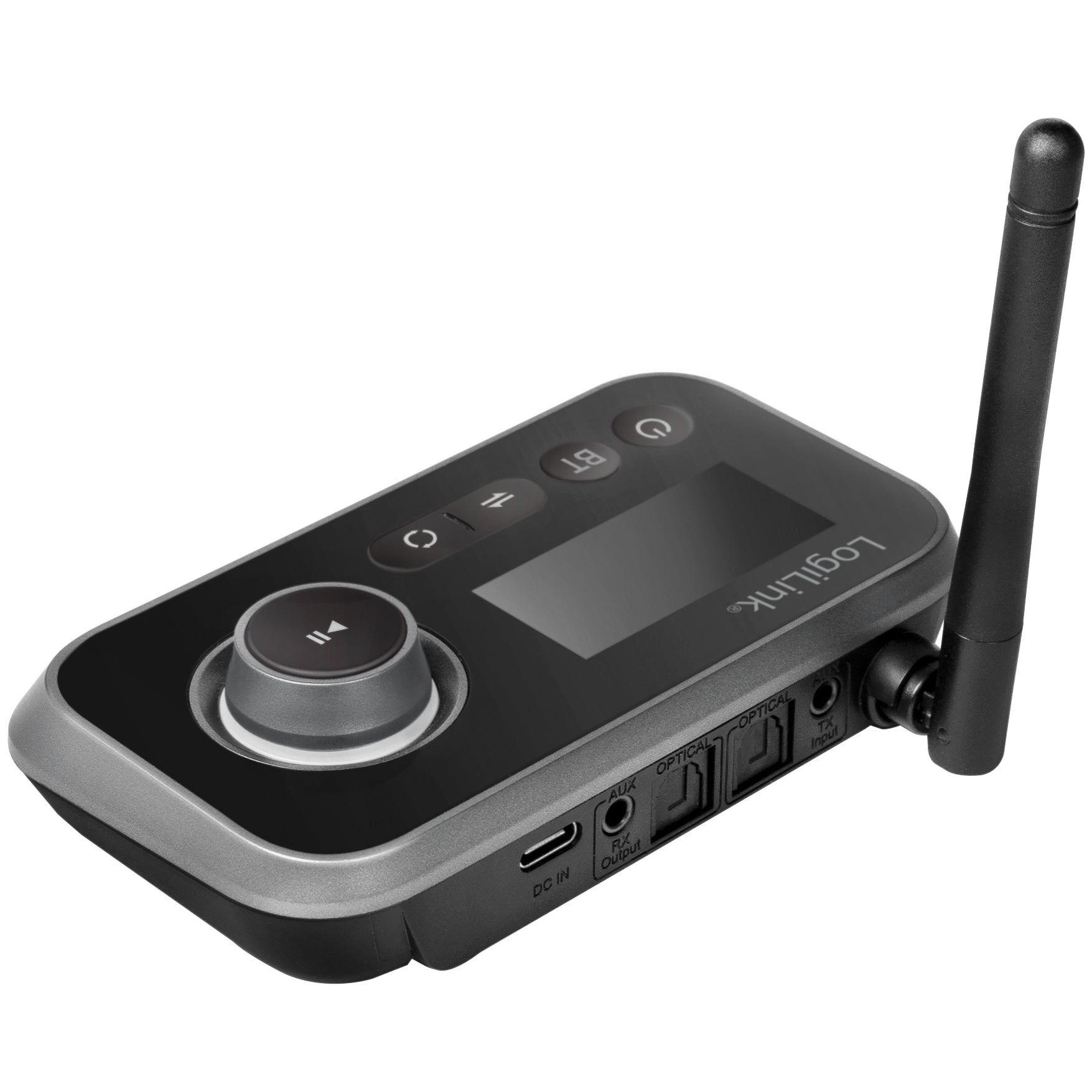 Logilink Bluetooth 5.0 lydsender/modtager TX/RX sort/grå med kontrolknap, knapper, lille display, port og sideantenne.