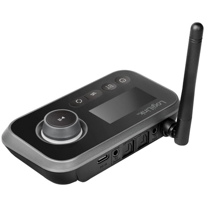 Logilink Bluetooth 5.0 lydsender/modtager TX/RX sort/grå med kontrolknap, knapper, lille display, port og sideantenne.