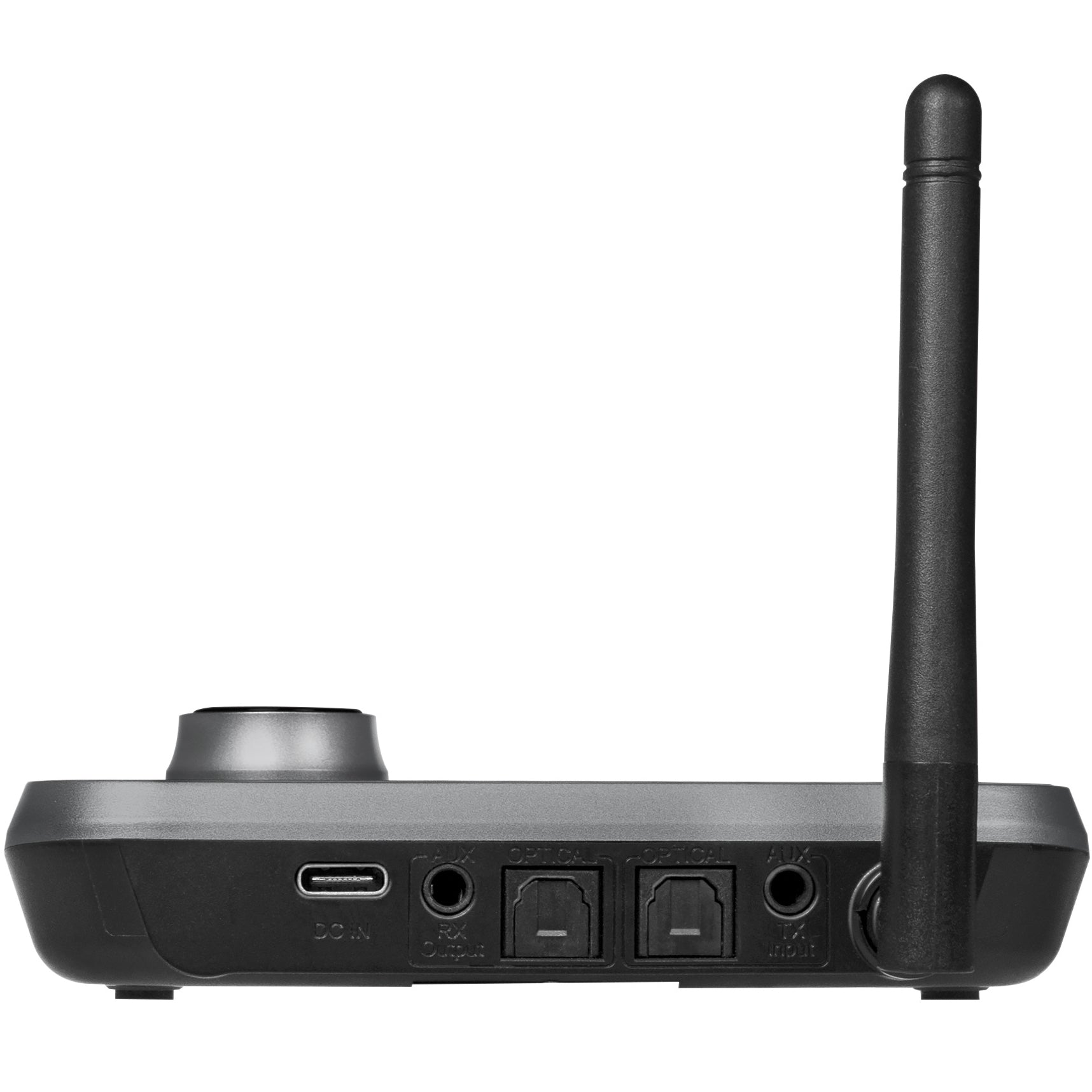 Logilink Bluetooth 5.0 sender/modtager TX/RX sort, stor antenne, USB-C strøm, 2 optiske porte, AUX, powerknap bagpå.