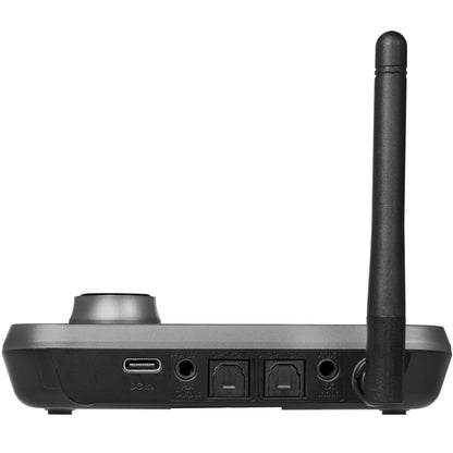 Logilink Bluetooth 5.0 sender/modtager TX/RX sort, stor antenne, USB-C strøm, 2 optiske porte, AUX, powerknap bagpå.