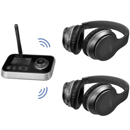 Bluetooth 5.0 lydsender/modtager TX/RX med antenne og display, sender trådløst til at sortere over-ear hovedtelefoner.