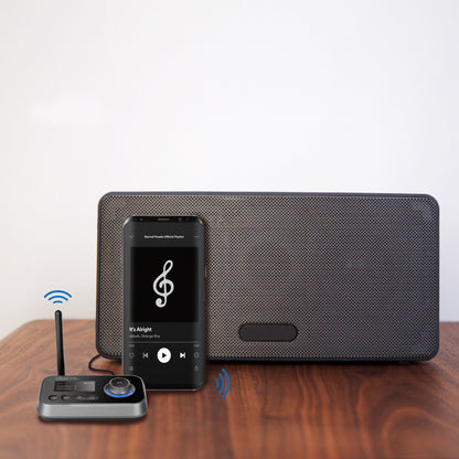 Logilink Bluetooth 5.0 lydsender/modtager TX/RX sort ved siden af sort bærbar højttaler og smartphone, blå trådløs ikon.