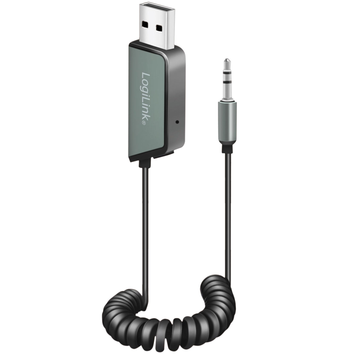 LogiLink sort spiral kabel med USB-A stik, LogiLink-logo og 3,5 mm jack til Bluetooth 5.3 lydmodtager.