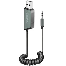 LogiLink sort spiral kabel med USB-A stik, LogiLink-logo og 3,5 mm jack til Bluetooth 5.3 lydmodtager.