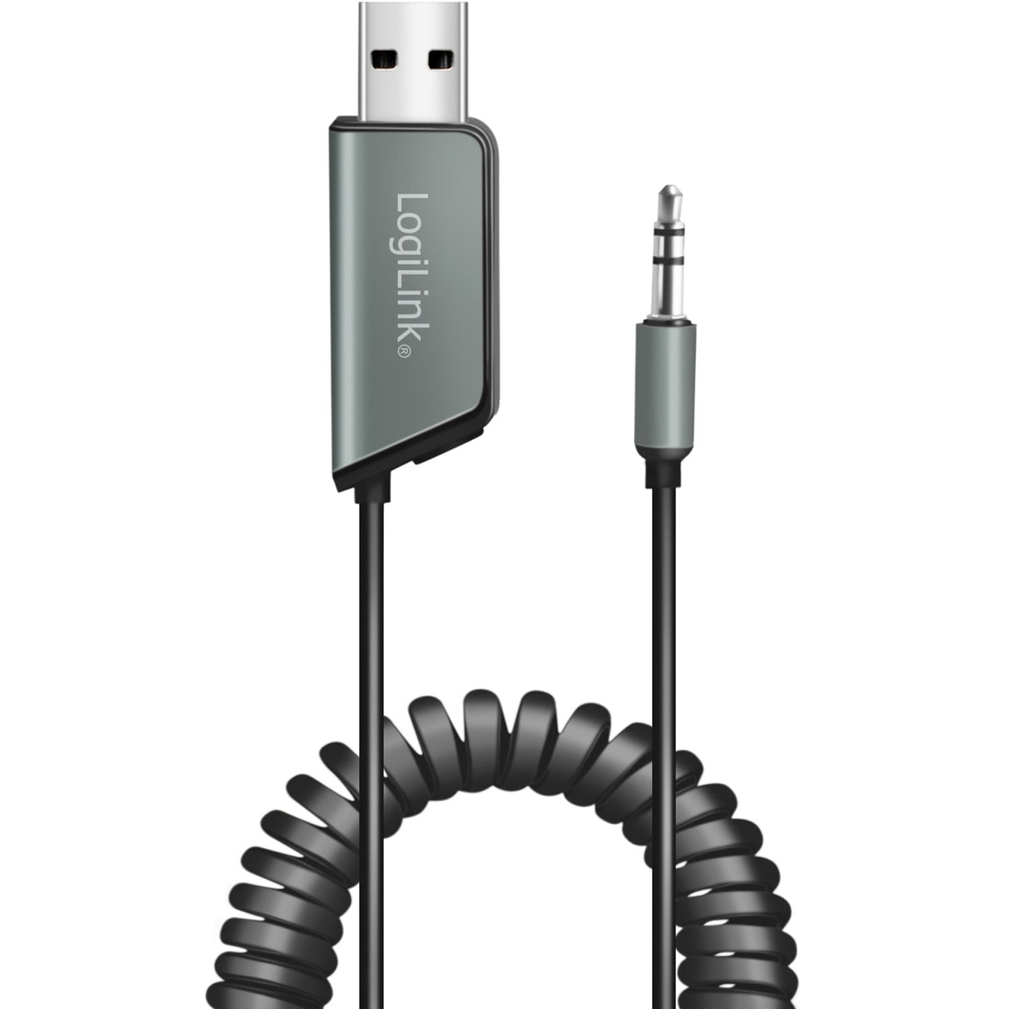 LogiLink sort spiralkabel med USB-A stik og 3,5 mm jack i grå/sølv, begge med LogiLink-logo.