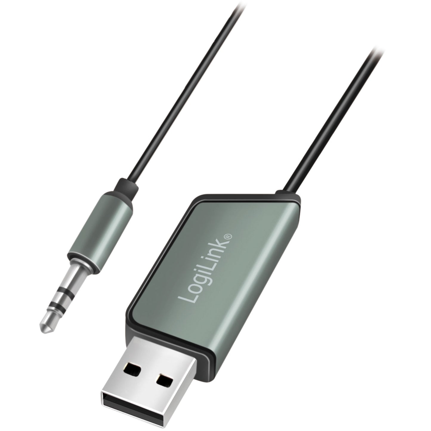 Sort LogiLink kabel med USB-A stik og 3,5mm jack, USB mærket med LogiLink til Bluetooth 5.3 lydmodtager.