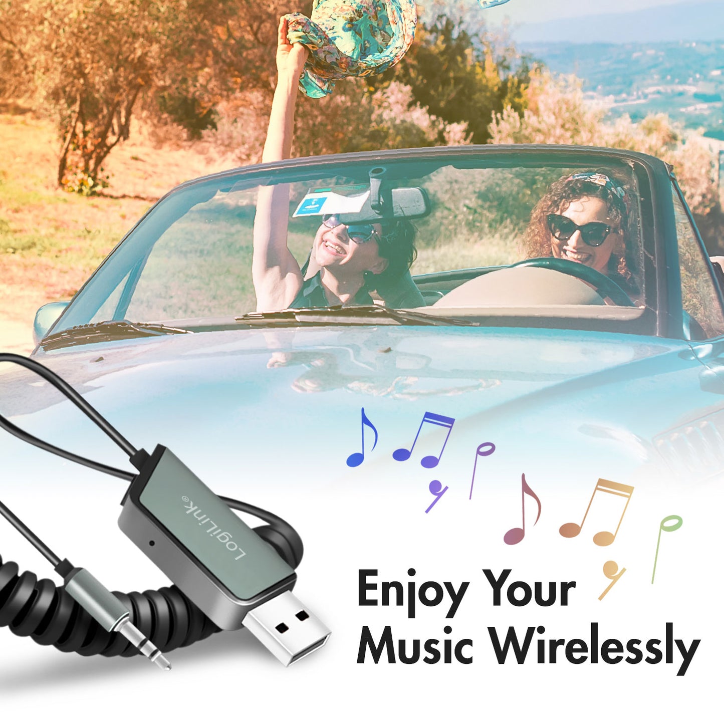 Logilink Bluetooth 5.3 lydmodtager med synlige musiknoter, sort model, set forfra i bilinteriør.