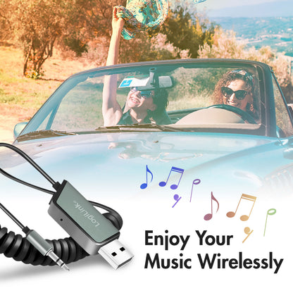Logilink Bluetooth 5.3 lydmodtager med synlige musiknoter, sort model, set forfra i bilinteriør.