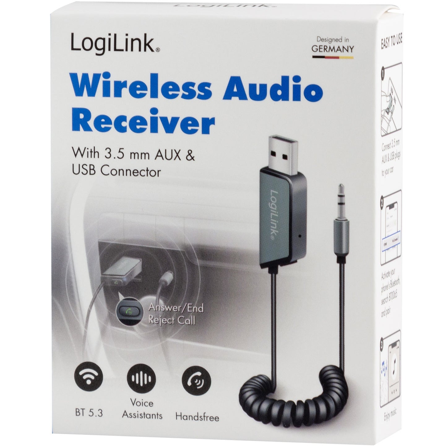 Logilink Bluetooth 5.3 lydmodtager, 3,5 mm AUX og USB, æske viser produkt med stik, understøtter stemmestyring og handsfree.