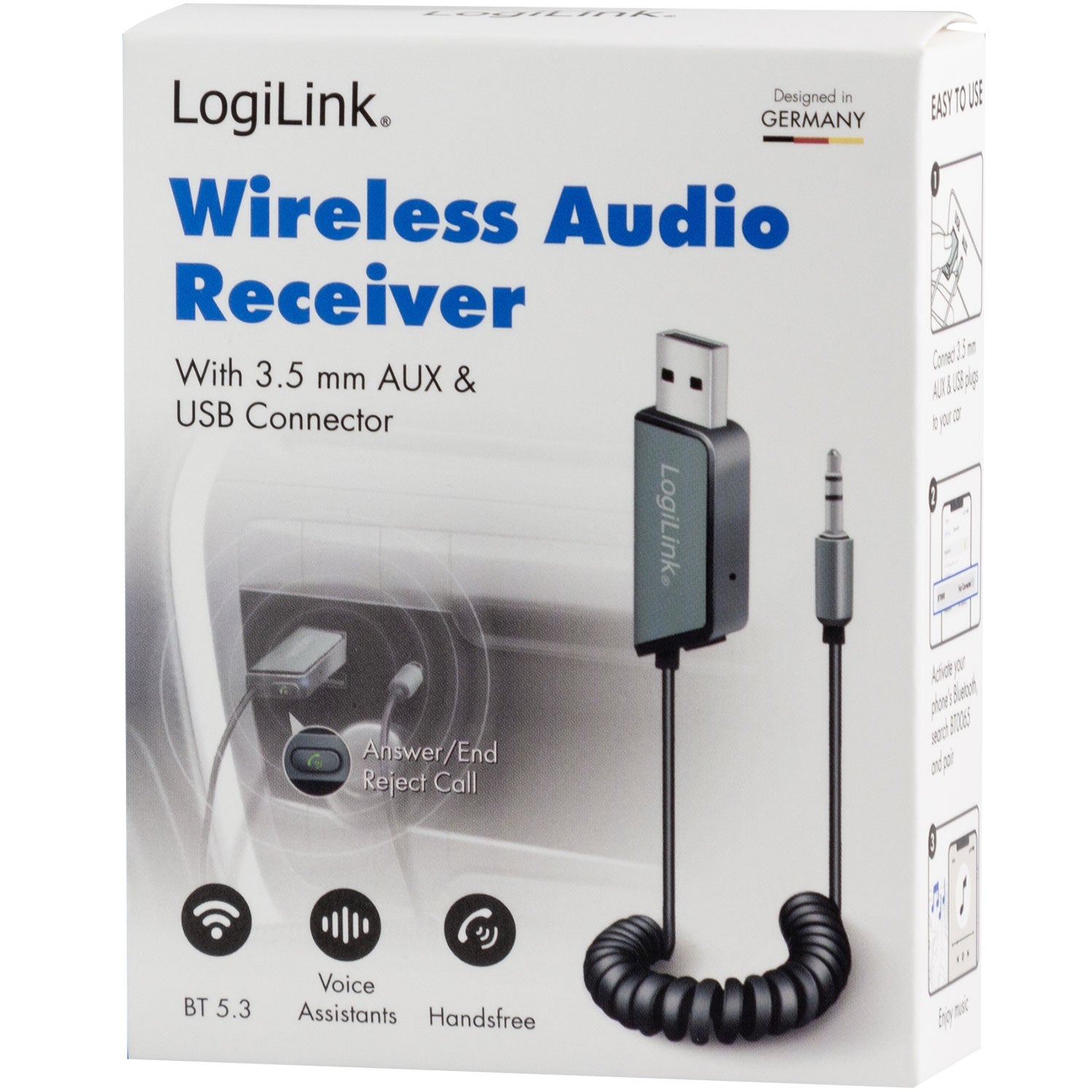 Logilink Bluetooth 5.3 lydmodtager, 3,5 mm AUX og USB, æske viser produkt med stik, understøtter stemmestyring og handsfree.