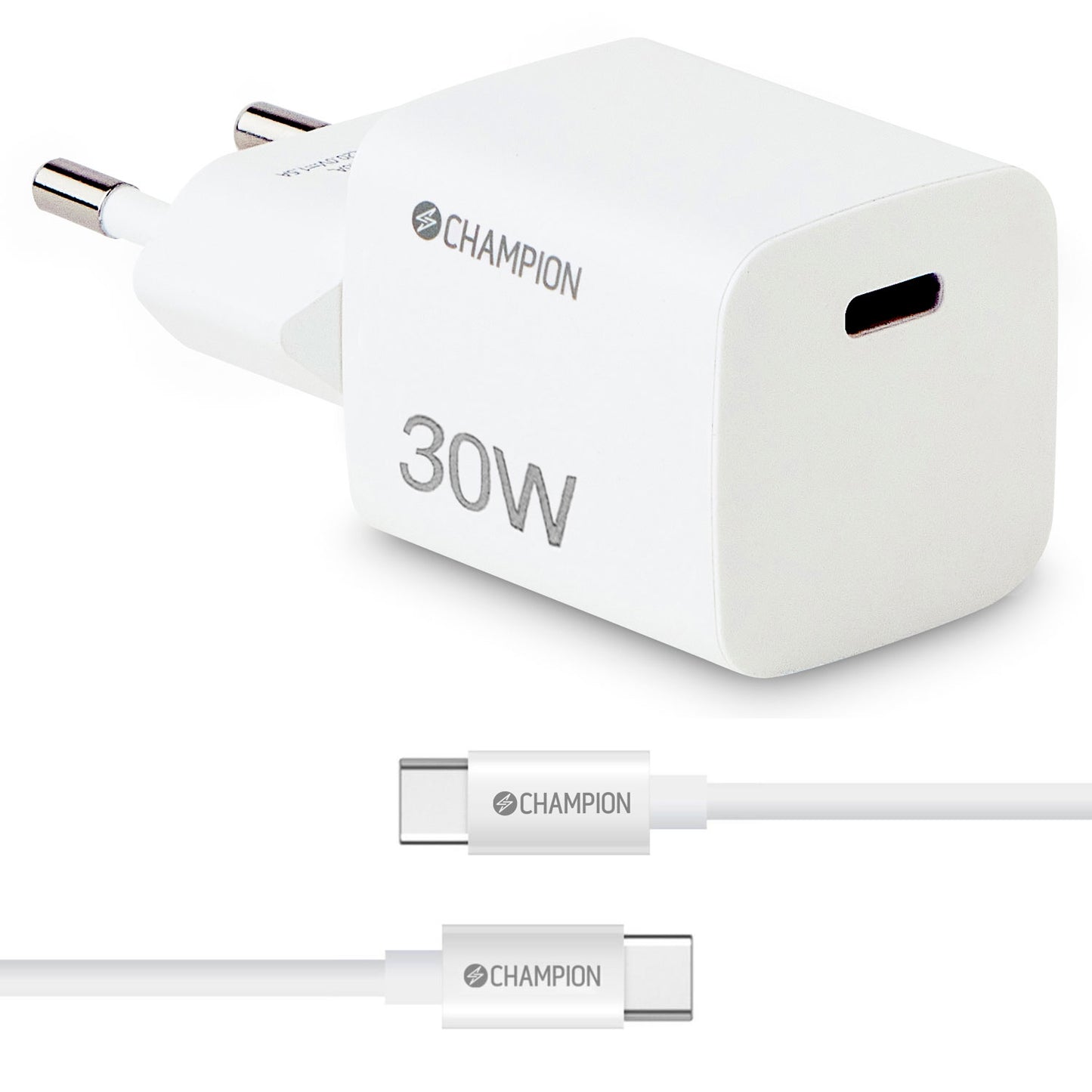 Champion 30W Power Delivery USB-C lader hvid med USB-C til USB-C-kabel og Champion-logo.