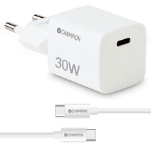 Champion 30W Power Delivery USB-C lader hvid med USB-C til USB-C-kabel og Champion-logo.