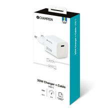 Champion 30W PD-lader kompakt hvid inkl. USB-C til USB-C-kabel, synligt på blå/hvid æske med logo og svensk flag.