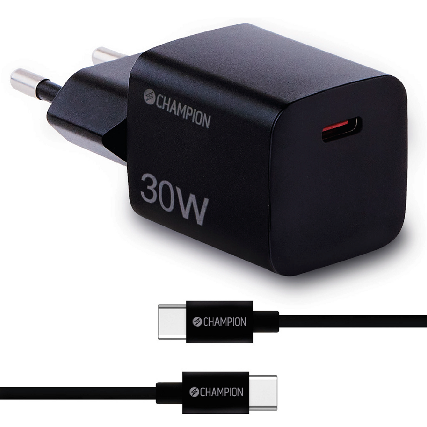 Champion 30W PD-lader sort med Champion-logo på oplader og stik, inkl. aftageligt USB-C til USB-C-kabel.