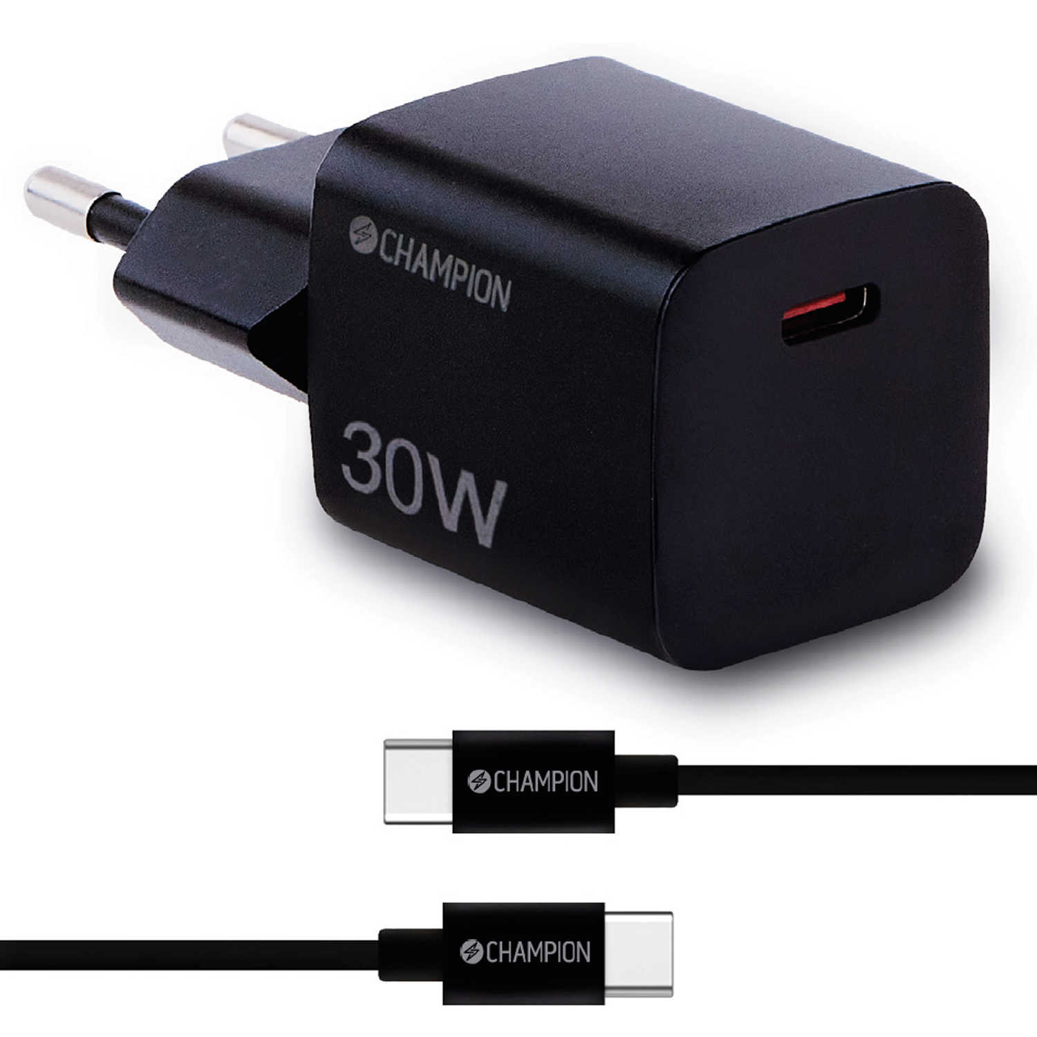 Champion 30W PD-lader sort med Champion-logo på oplader og stik, inkl. aftageligt USB-C til USB-C-kabel.