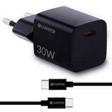 Champion 30W PD-lader sort med Champion-logo på oplader og stik, inkl. aftageligt USB-C til USB-C-kabel.