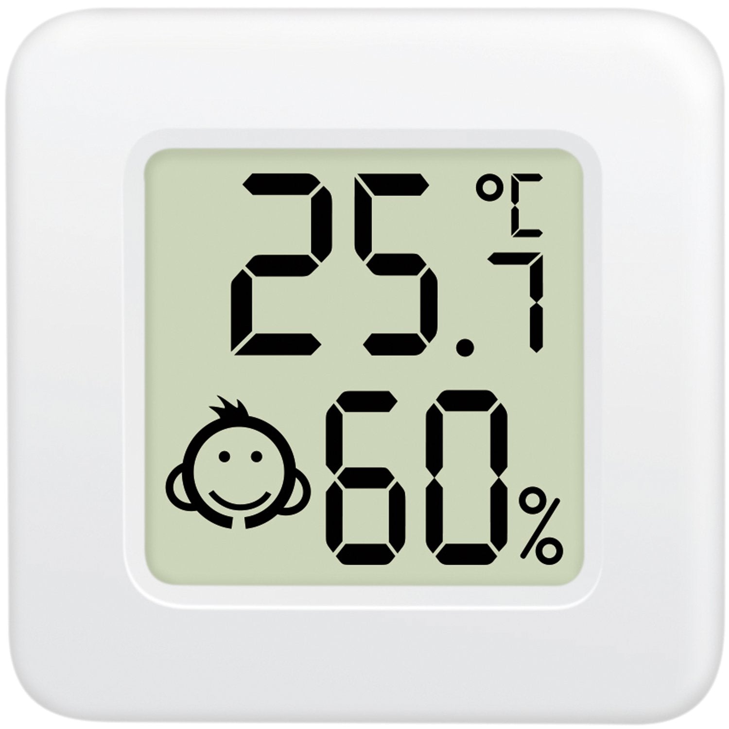LogiLink mini-termometer/hygrometer 3-pak, hvid ramme, display viser 25,7°C, 60 luftfugtighed og smilende ikon.