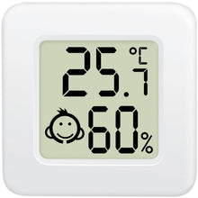 LogiLink mini-termometer/hygrometer 3-pak, hvid ramme, display viser 25,7°C, 60 luftfugtighed og smilende ikon.