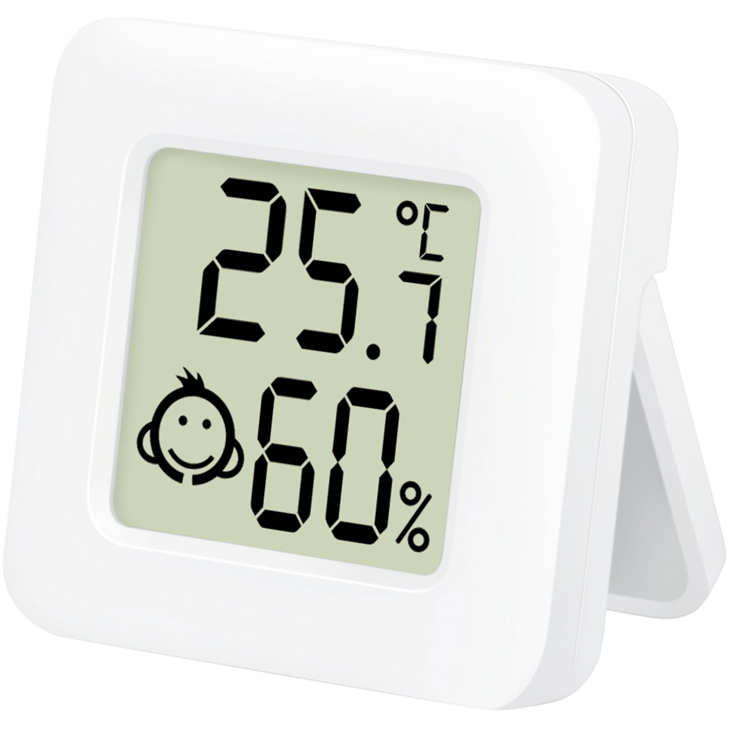 LogiLink digitalt mini-termometer/hygrometer 3-pak med display 25,7°C, 60 luftfugtighed og smilende ikon, stativ bagpå.